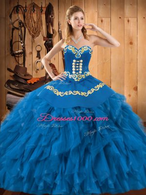 Cute Sleeveless Satin and Organza Floor Length Lace Up Ball Gown Prom Dress in Blue with Embroidery and Ruffles