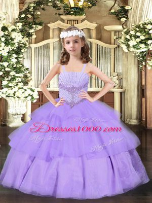 Affordable Straps Sleeveless Lace Up Pageant Gowns For Girls Lavender Organza