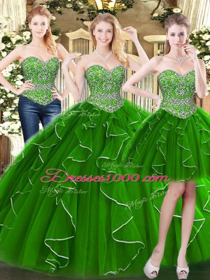 Glamorous Green Ball Gowns Beading and Ruffles 15 Quinceanera Dress Lace Up Organza Sleeveless Floor Length