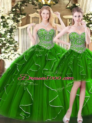 Glamorous Green Ball Gowns Beading and Ruffles 15 Quinceanera Dress Lace Up Organza Sleeveless Floor Length