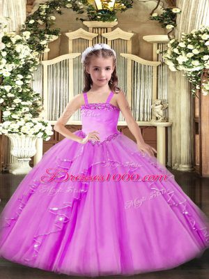 Customized Lilac Organza Lace Up Little Girl Pageant Gowns Sleeveless Floor Length Appliques and Ruffles
