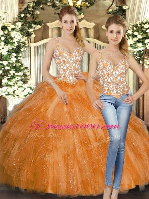 Straps Sleeveless Organza Sweet 16 Dresses Beading and Ruffles Lace Up