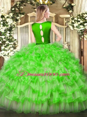 Customized Fuchsia Ball Gowns Organza Scoop Sleeveless Ruffled Layers Floor Length Clasp Handle Sweet 16 Dress