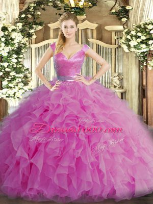 Unique Floor Length Zipper Sweet 16 Dresses Lilac for Military Ball and Sweet 16 and Quinceanera with Ruffles