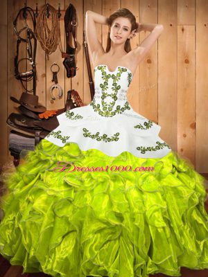 Adorable Ball Gowns Strapless Sleeveless Satin and Organza Floor Length Lace Up Embroidery and Ruffles Vestidos de Quinceanera