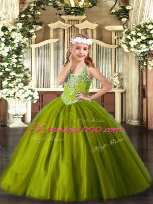 Hot Sale Olive Green Ball Gowns Beading Kids Pageant Dress Lace Up Tulle Sleeveless Floor Length