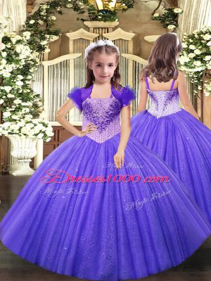 Fashionable Lavender Pageant Dress for Womens Party and Sweet 16 and Quinceanera and Wedding Party with Beading Straps Sleeveless Lace Up