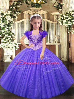 Fashionable Lavender Pageant Dress for Womens Party and Sweet 16 and Quinceanera and Wedding Party with Beading Straps Sleeveless Lace Up