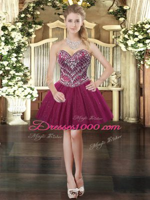 Burgundy Ball Gowns Beading Prom Evening Gown Lace Up Tulle Sleeveless Mini Length