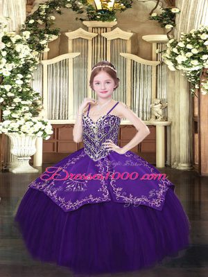 Sleeveless Satin and Organza Floor Length Lace Up Little Girls Pageant Dress in Dark Purple with Beading and Embroidery