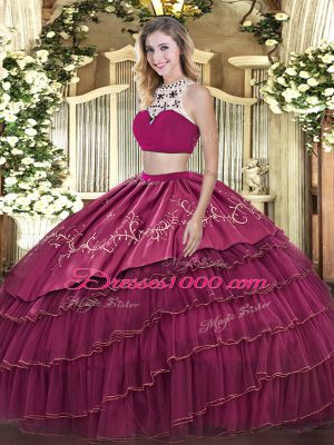 Fuchsia Backless High-neck Beading and Embroidery and Ruffled Layers Quinceanera Gown Tulle Sleeveless