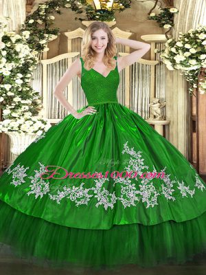 Cheap Floor Length Backless Sweet 16 Dresses Green for Military Ball and Sweet 16 and Quinceanera with Beading and Lace and Appliques