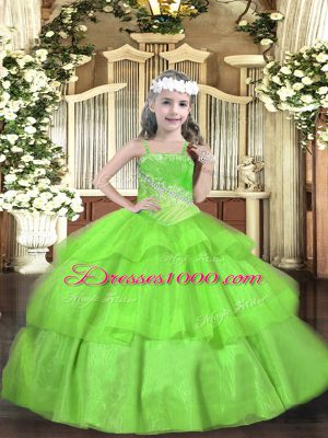 Straps Sleeveless Organza Pageant Dresses Beading and Ruffled Layers Lace Up