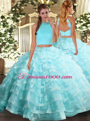 Traditional Halter Top Sleeveless Backless Quinceanera Gowns Aqua Blue Organza