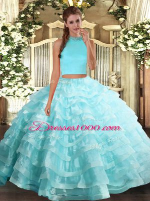 Traditional Halter Top Sleeveless Backless Quinceanera Gowns Aqua Blue Organza