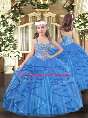 Gorgeous Baby Blue Tulle Lace Up Straps Sleeveless Floor Length Child Pageant Dress Beading and Ruffles
