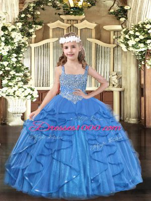 Gorgeous Baby Blue Tulle Lace Up Straps Sleeveless Floor Length Child Pageant Dress Beading and Ruffles