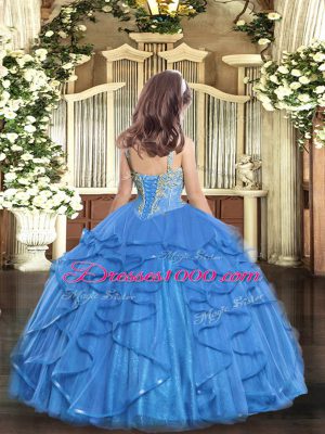 Gorgeous Baby Blue Tulle Lace Up Straps Sleeveless Floor Length Child Pageant Dress Beading and Ruffles