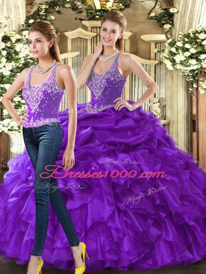 Eggplant Purple Ball Gowns Beading and Ruffles Quinceanera Gown Lace Up Tulle Sleeveless Floor Length