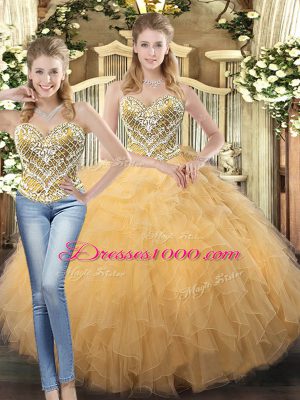 Unique Champagne Sleeveless Floor Length Beading and Ruffles Lace Up Quinceanera Gowns