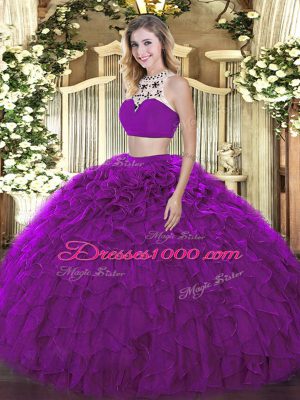 High End Purple Tulle Backless Quinceanera Gown Sleeveless Floor Length Beading and Ruffles