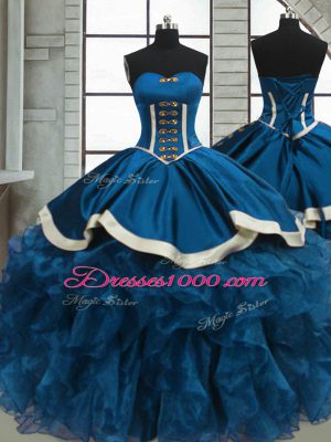 Blue Ball Gowns Organza Sweetheart Sleeveless Beading and Ruffles Floor Length Lace Up Ball Gown Prom Dress