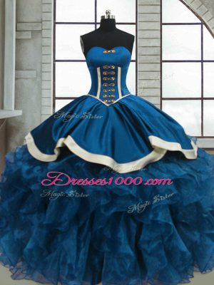 Blue Ball Gowns Organza Sweetheart Sleeveless Beading and Ruffles Floor Length Lace Up Ball Gown Prom Dress