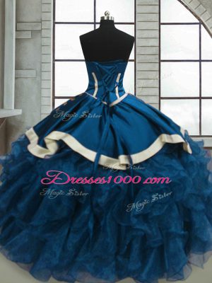 Blue Ball Gowns Organza Sweetheart Sleeveless Beading and Ruffles Floor Length Lace Up Ball Gown Prom Dress