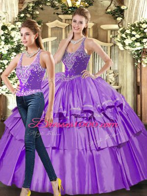 Fabulous Straps Sleeveless Sweet 16 Dresses Floor Length Ruffled Layers Eggplant Purple Organza