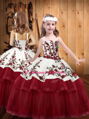High Quality Wine Red Lace Up Straps Embroidery Little Girl Pageant Dress Organza Sleeveless