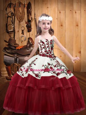 High Quality Wine Red Lace Up Straps Embroidery Little Girl Pageant Dress Organza Sleeveless