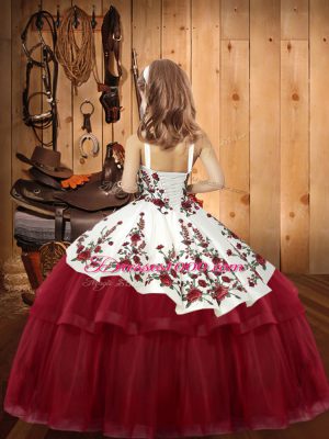 High Quality Wine Red Lace Up Straps Embroidery Little Girl Pageant Dress Organza Sleeveless