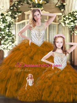 Amazing Brown Ball Gowns Beading and Ruffles Sweet 16 Dress Lace Up Tulle Sleeveless Floor Length