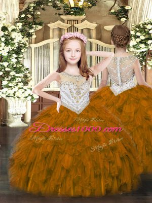 Amazing Brown Ball Gowns Beading and Ruffles Sweet 16 Dress Lace Up Tulle Sleeveless Floor Length