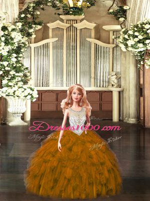 Amazing Brown Ball Gowns Beading and Ruffles Sweet 16 Dress Lace Up Tulle Sleeveless Floor Length