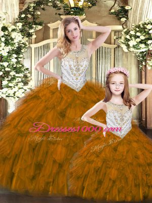 Amazing Brown Ball Gowns Beading and Ruffles Sweet 16 Dress Lace Up Tulle Sleeveless Floor Length
