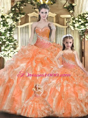 Orange Red Ball Gowns Tulle Sweetheart Sleeveless Beading and Ruffles Floor Length Lace Up Vestidos de Quinceanera
