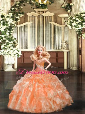 Orange Red Ball Gowns Tulle Sweetheart Sleeveless Beading and Ruffles Floor Length Lace Up Vestidos de Quinceanera