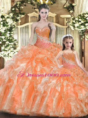 Orange Red Ball Gowns Tulle Sweetheart Sleeveless Beading and Ruffles Floor Length Lace Up Vestidos de Quinceanera
