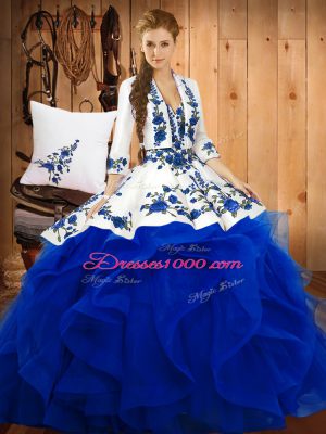 Ball Gowns 15 Quinceanera Dress Blue Sweetheart Satin and Organza Sleeveless Floor Length Lace Up
