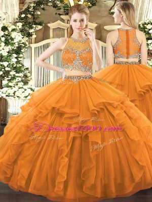 Flare Sleeveless Floor Length Beading and Ruffles Zipper Quinceanera Gowns with Orange