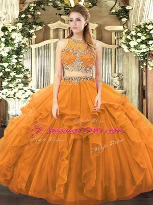 Flare Sleeveless Floor Length Beading and Ruffles Zipper Quinceanera Gowns with Orange