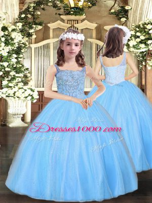 High Quality Baby Blue Lace Up Straps Beading Child Pageant Dress Tulle Sleeveless