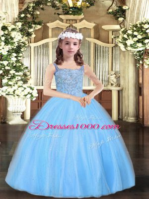 High Quality Baby Blue Lace Up Straps Beading Child Pageant Dress Tulle Sleeveless