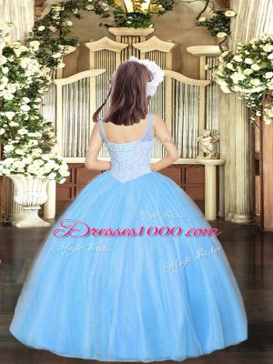 High Quality Baby Blue Lace Up Straps Beading Child Pageant Dress Tulle Sleeveless
