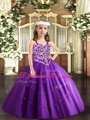 Floor Length Purple Pageant Dress Womens Straps Sleeveless Lace Up