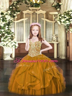 Perfect Tulle Spaghetti Straps Sleeveless Lace Up Beading and Ruffles Kids Formal Wear in Brown