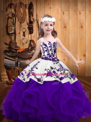 Floor Length White And Purple Child Pageant Dress Straps Sleeveless Lace Up