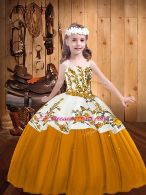 Ball Gowns Pageant Gowns For Girls Gold Straps Tulle Sleeveless Floor Length Lace Up