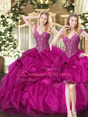 Fuchsia Three Pieces Organza V-neck Sleeveless Ruffles Floor Length Lace Up Quinceanera Dresses